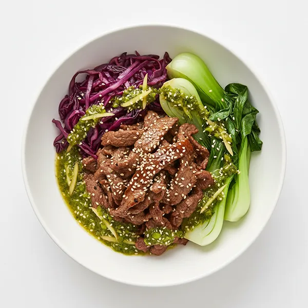 Teppanyaki Beef Bowl with Sauteed Red Cabbage,  Steamed Sesame Pok Choy & Ginger Scallion Sauce